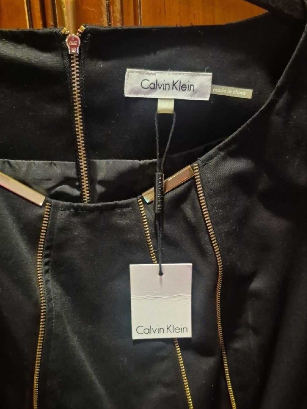 Calvin Klein Size 14 Sleeveless Sheath Dress with Gold Piping - Black - Picture 3 of 4